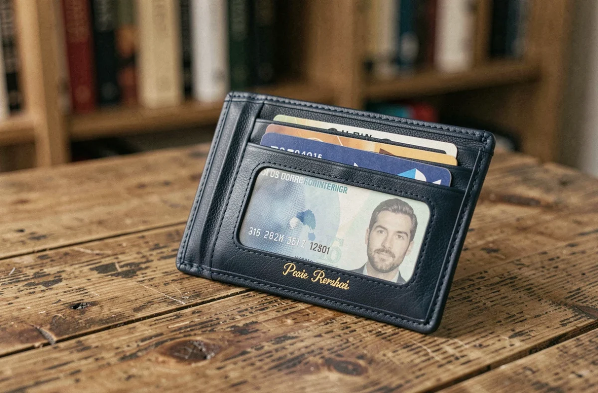 Portefeuille homme en cuir marine personnalisé avec initiales dorées, ouvert sur un bureau en chêne montrant les compartiments pour cartes et papiers d'identité