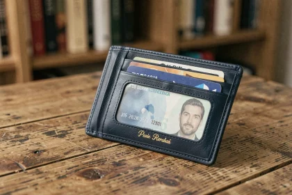 Portefeuille homme en cuir marine personnalisé avec initiales dorées, ouvert sur un bureau en chêne montrant les compartiments pour cartes et papiers d'identité