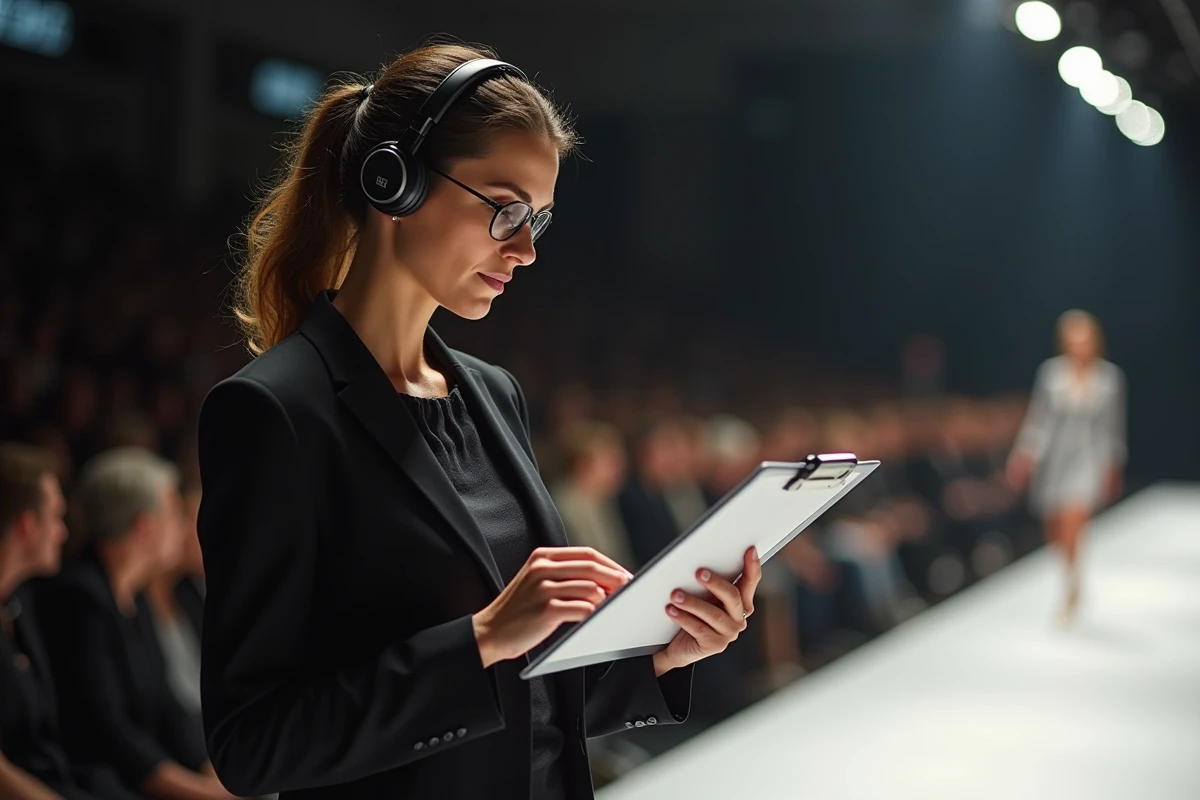 Productrice de mode vérifiant le planning avant le défilé
