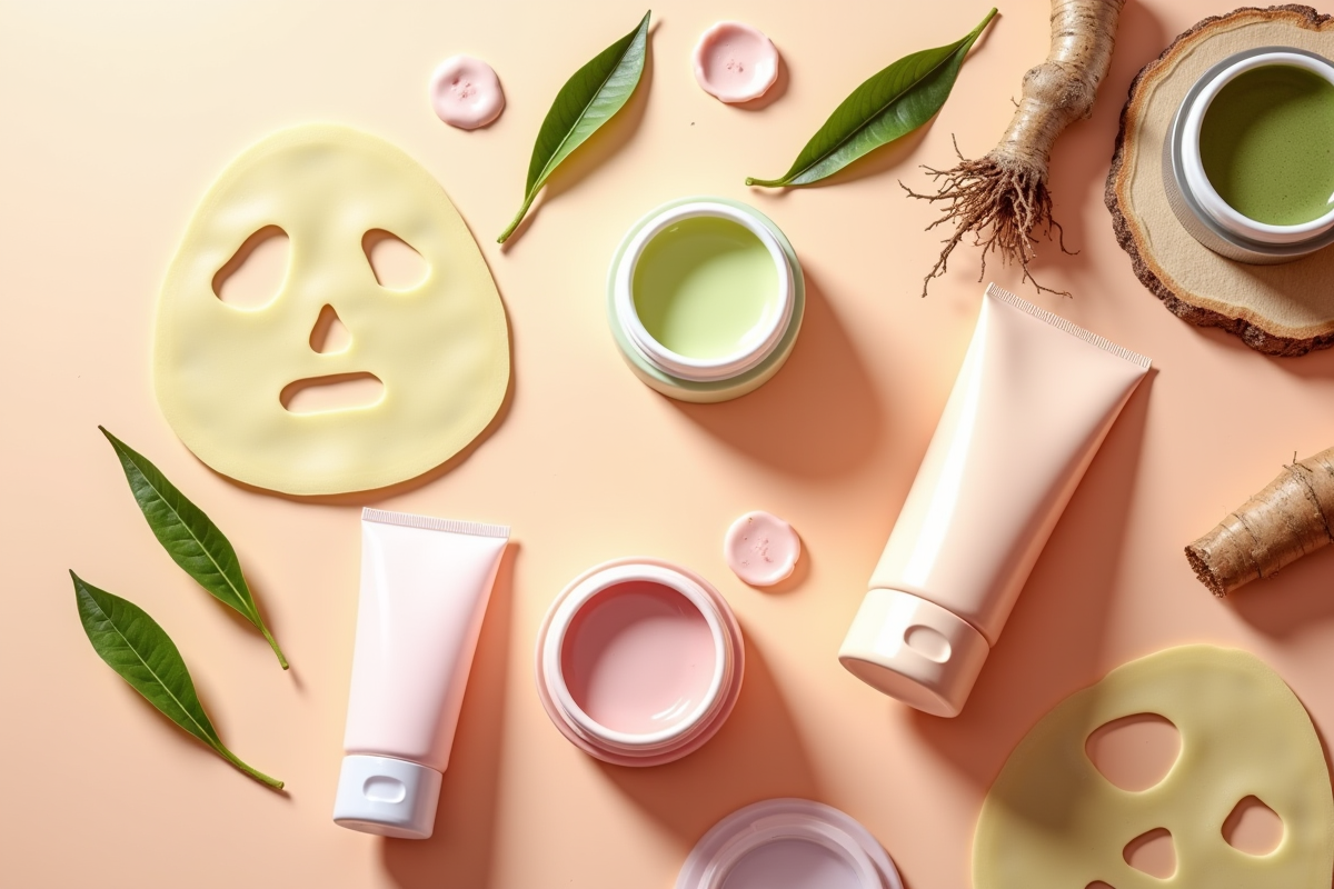Disposition artistique de produits de soin coréens sur fond pastel lumineux