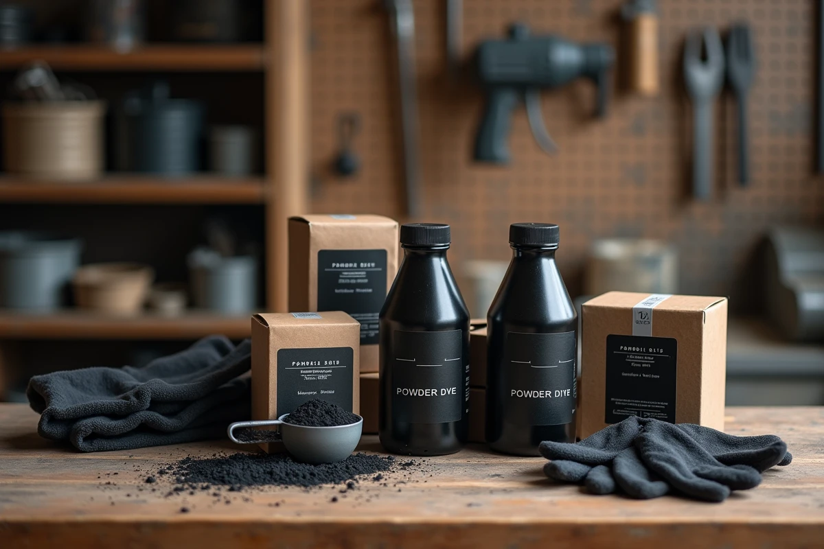 Produits de teinture noire pour tissu disposés sur une table en bois dans un atelier artisanal