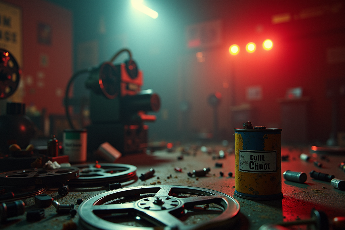 Cabine de projection rétro avec bobines de film colorées