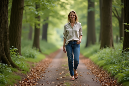 Femme souriante marchant dans la forêt en été