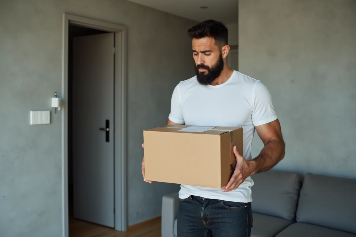 Homme inspectant un colis reçu d'une commande Bullrot dans son appartement moderne