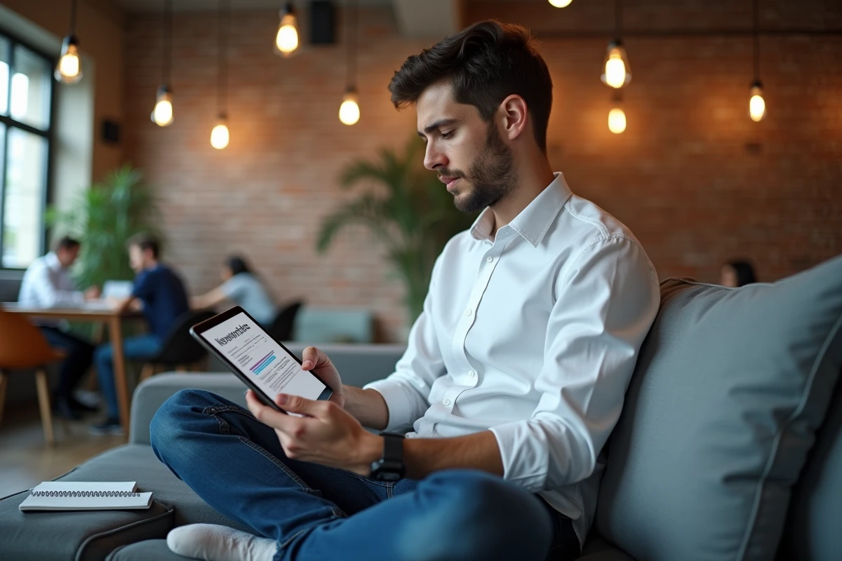 Rédacteur web effectuant une recherche de mots-clés SEO sur une tablette dans un espace de coworking moderne