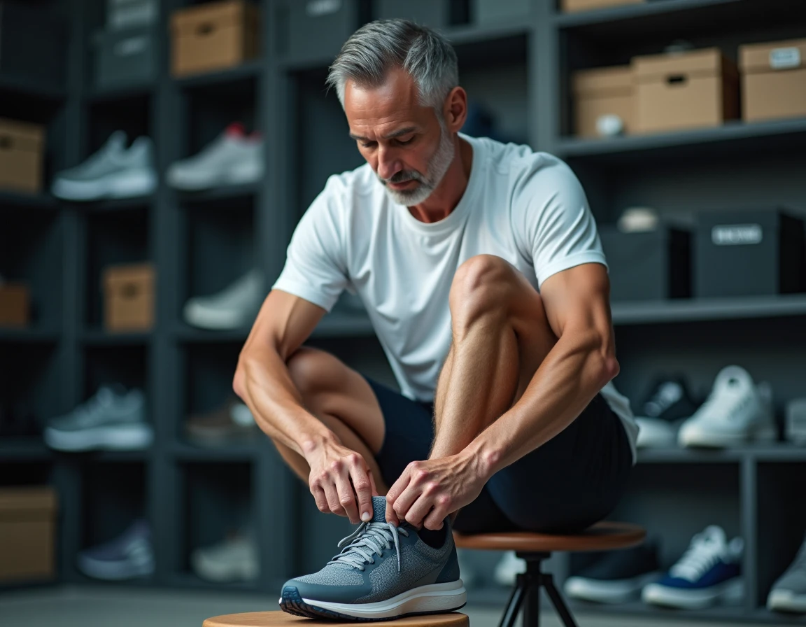 Homme re-laçant soigneusement une chaussure de running grise pour améliorer le maintien et le confort du pied