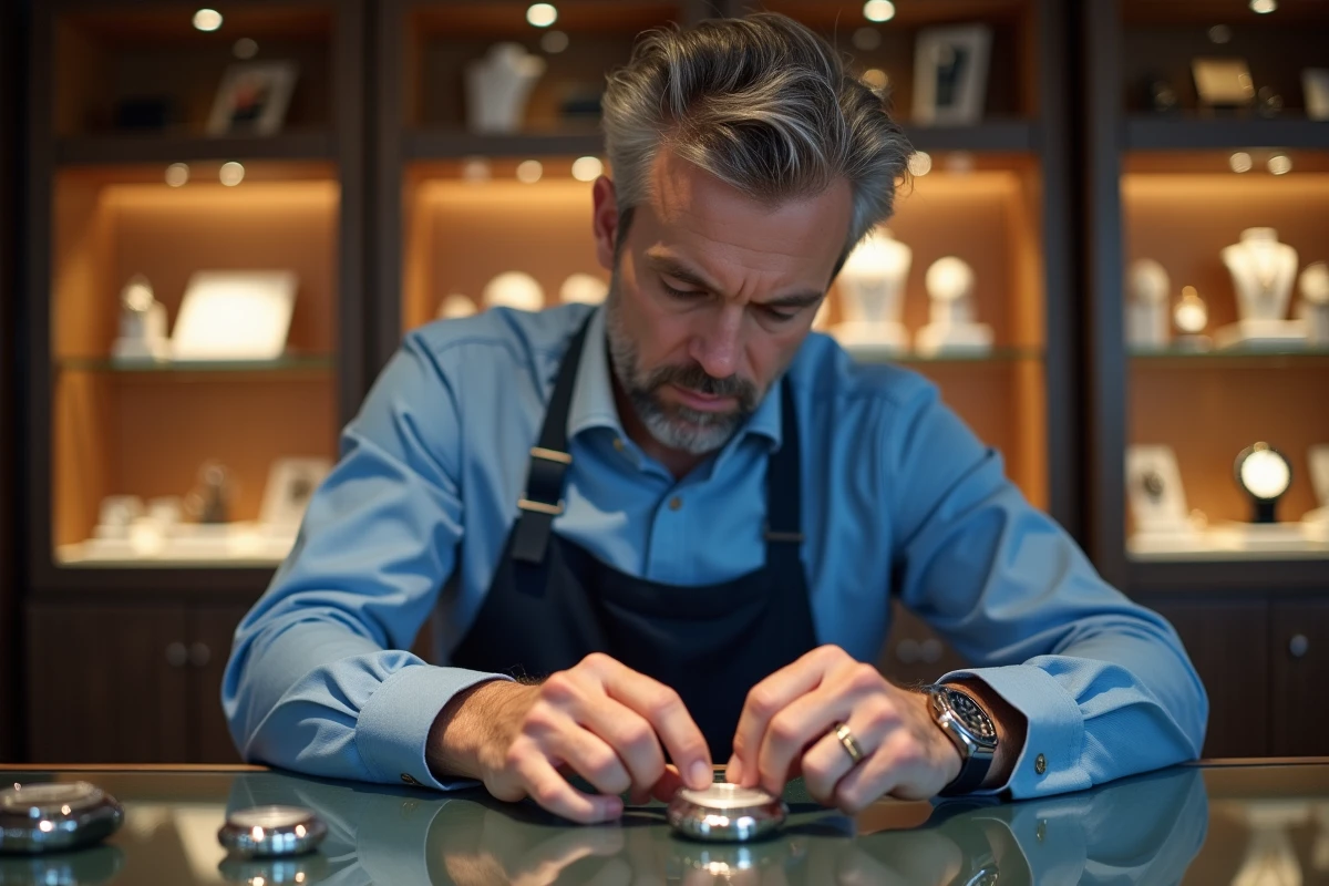 Horloger homme en atelier moderne en train de changer une pile de montre