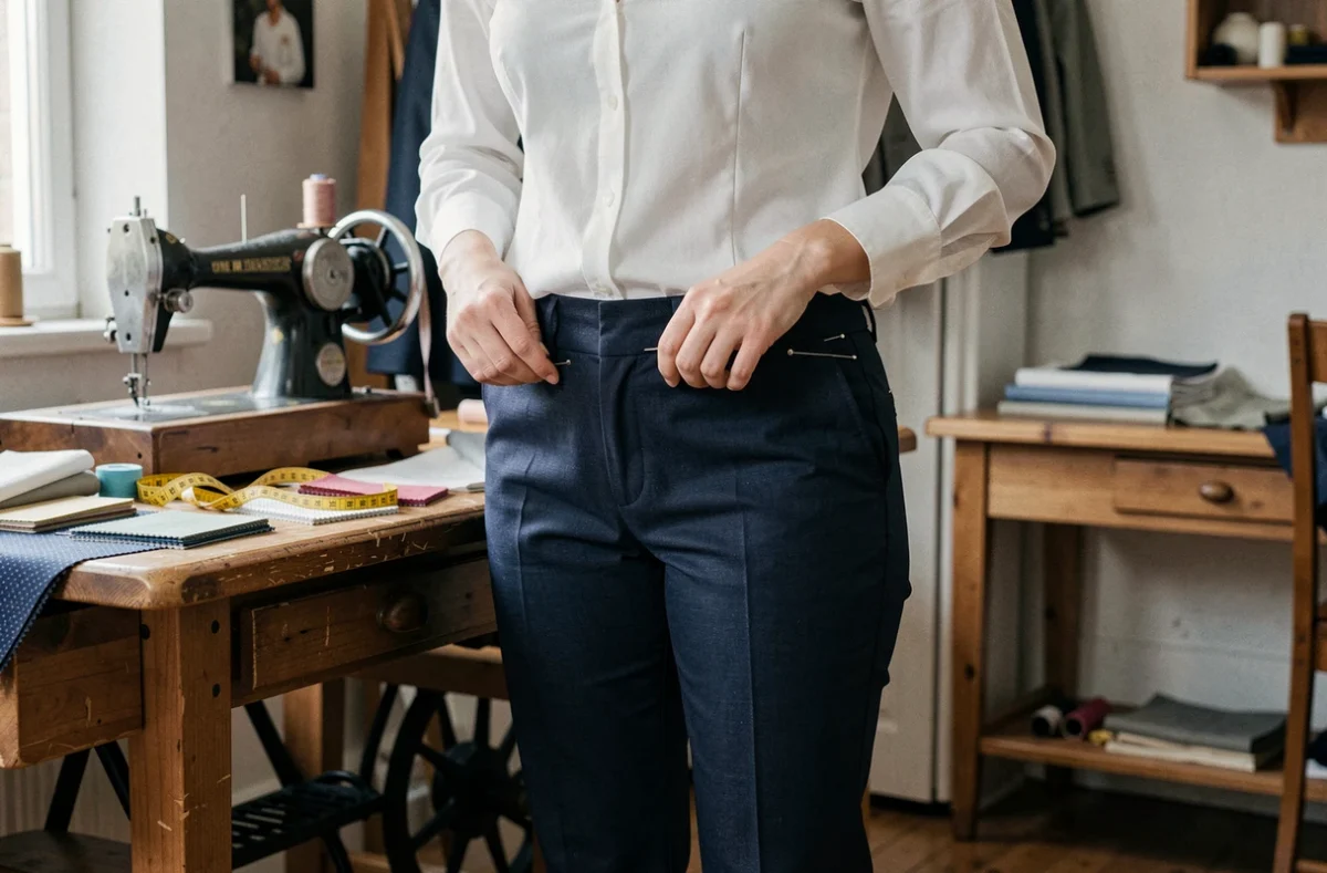 Femme faisant retoucher la longueur d'un pantalon taille 30 dans un atelier de couture avec épingles sur l'ourlet