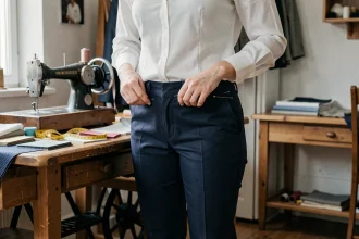 Femme faisant retoucher la longueur d'un pantalon taille 30 dans un atelier de couture avec épingles sur l'ourlet