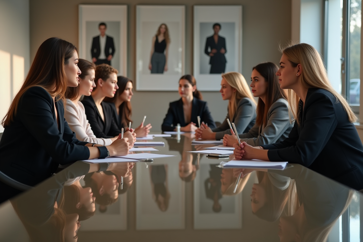 Groupe de models en réunion dans un studio professionnel
