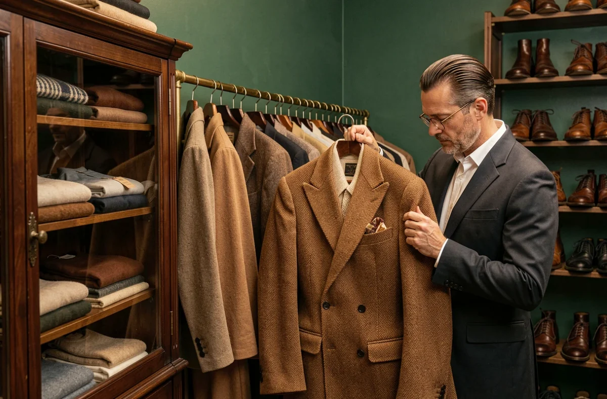 Boutique Rieunier avec un homme inspectant un blazer vintage en laine sur fond de costumes et manteaux rétro accrochés à un mur vert