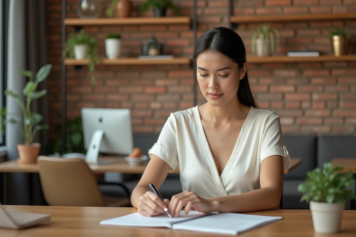 Femme en robe blanche croisée élégante assise à un bureau en bois dans un espace de travail au style bohème chic