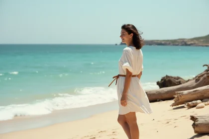Femme portant une robe chemise blanche ceinturée sur une plage méditerranéenne, silhouette légère et taille sculptée