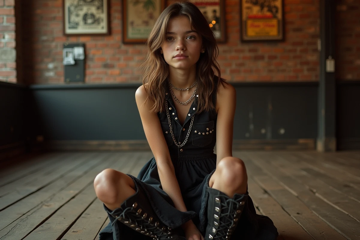 Jeune fille en robe en jean noire avec clous argentés et boots de combat dans une salle de concert indie aux affiches vintage