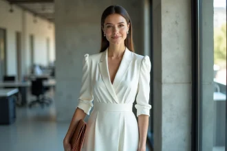 Femme professionnelle portant une robe habillée blanche mi-longue dans un bureau moderne avec grandes fenêtres