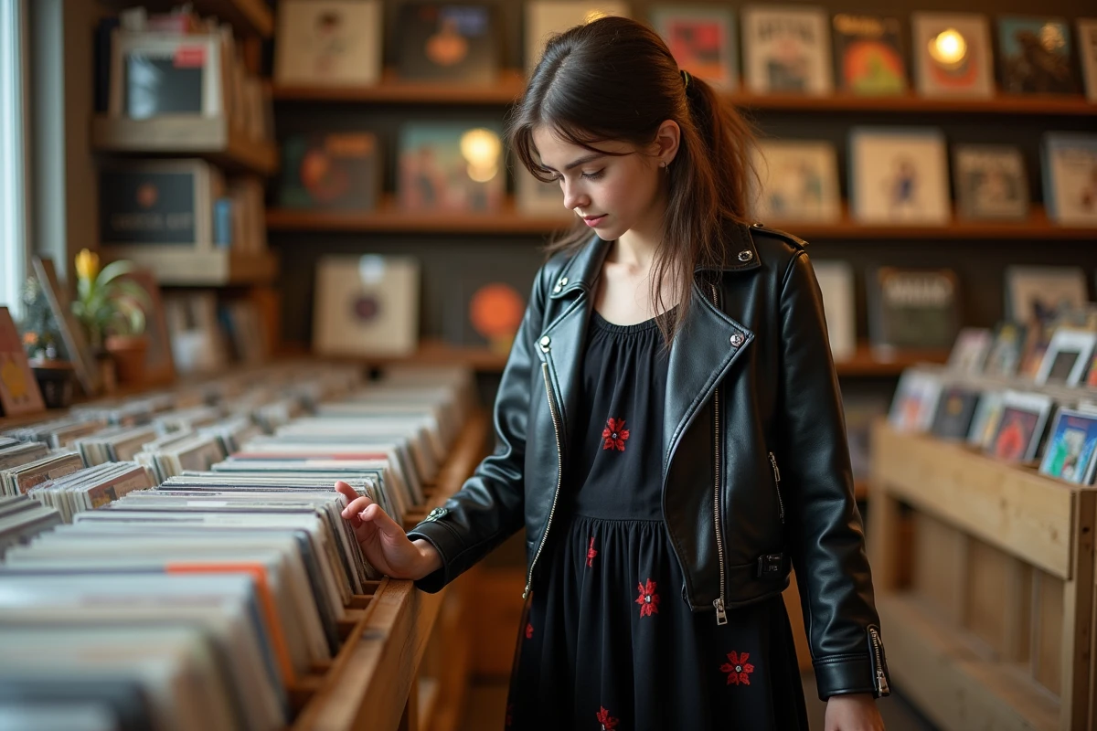 Adolescente en robe midi noire à carreaux et veste perfecto parcourant des vinyles dans un magasin de disques indépendant