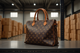 Sac Louis Vuitton sur étagère dans un entrepôt lumineux