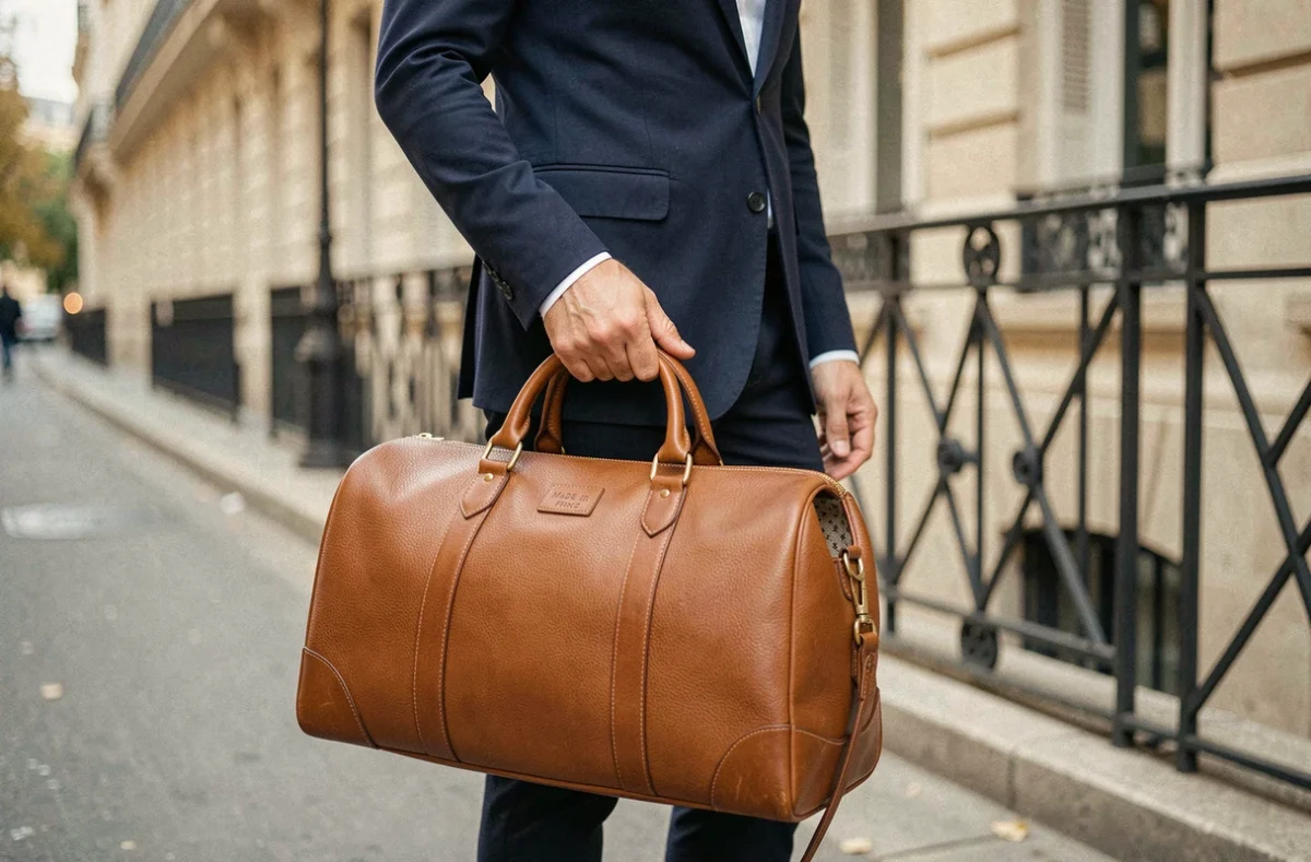 Homme élégant tenant un sac sport en cuir made in France sur un trottoir parisien