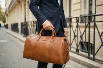 Homme élégant tenant un sac sport en cuir made in France sur un trottoir parisien