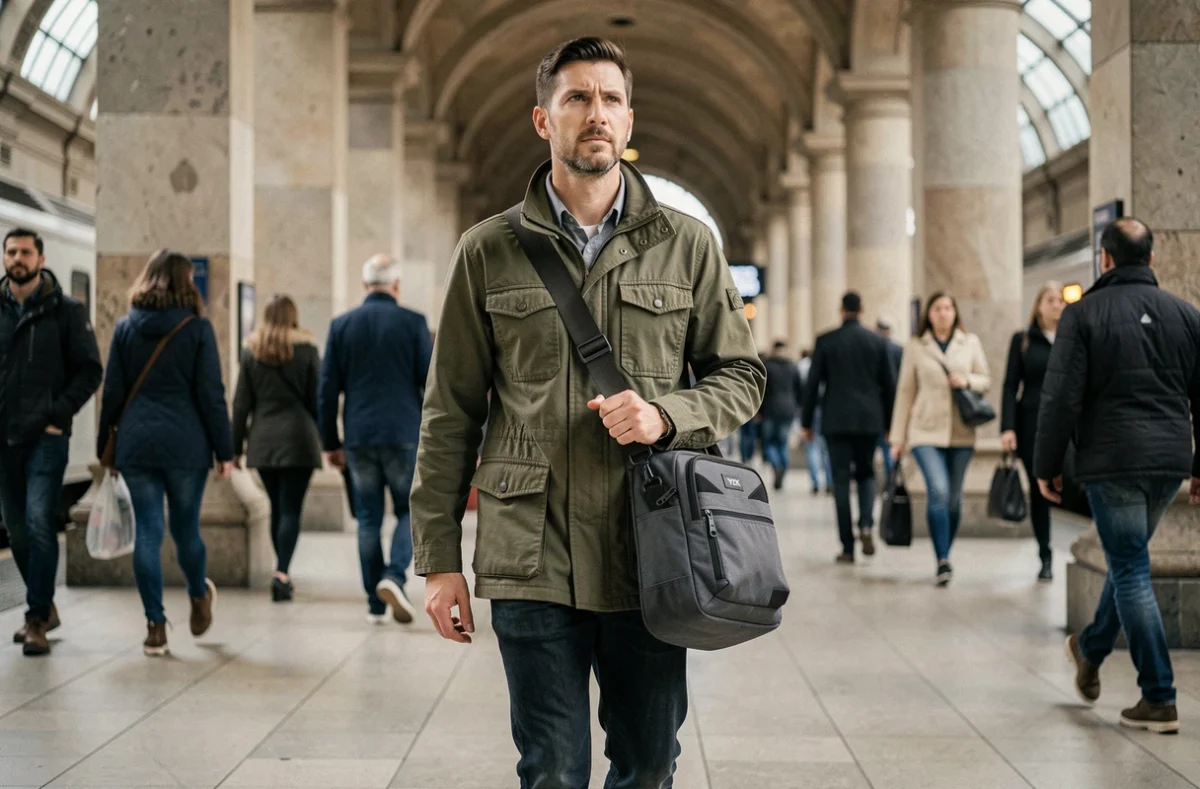 Homme marchant en gare avec une grande sacoche bandoulière technique adaptée au voyage léger en cabine