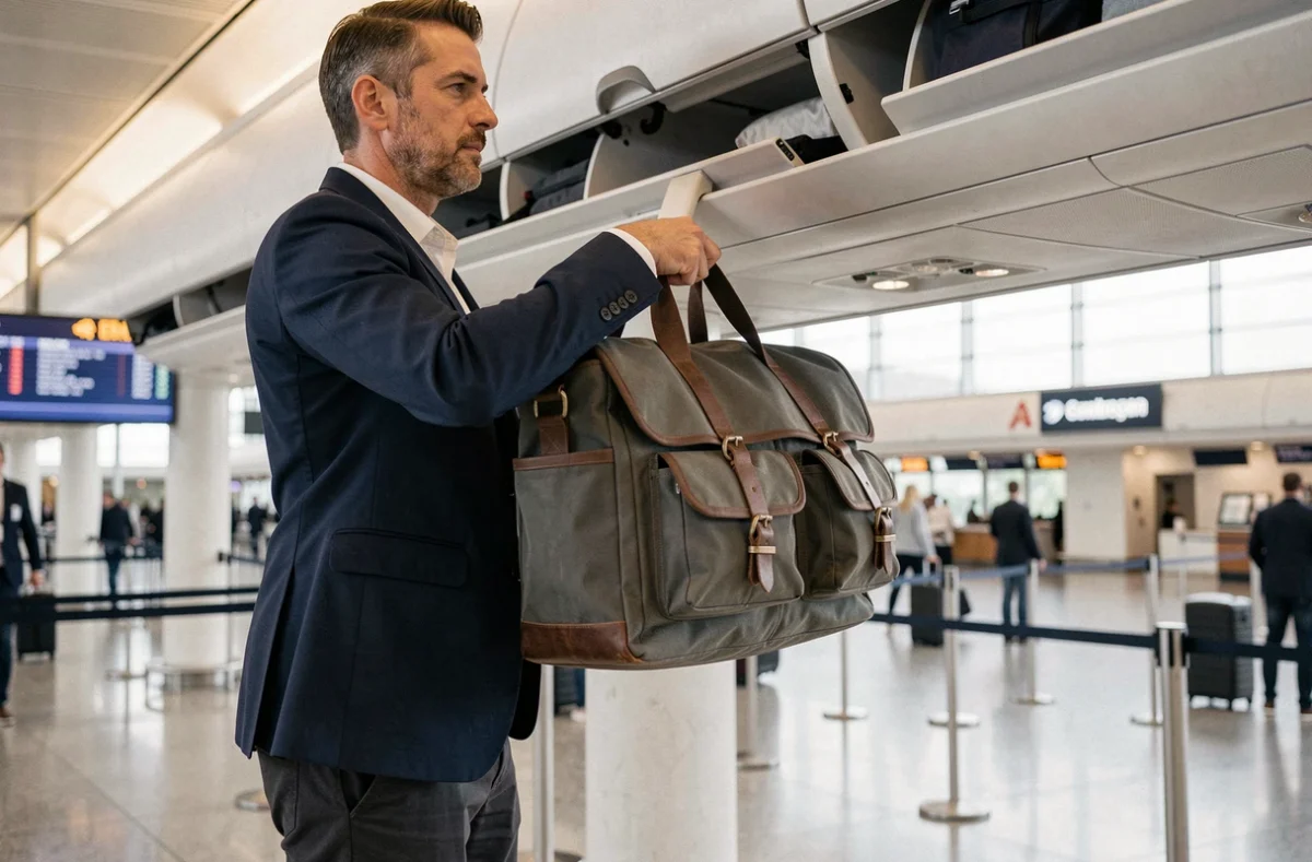 Homme en blazer marine rangeant une grande sacoche homme dans le compartiment cabine d'un avion en aéroport moderne