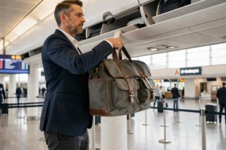 Homme en blazer marine rangeant une grande sacoche homme dans le compartiment cabine d'un avion en aéroport moderne