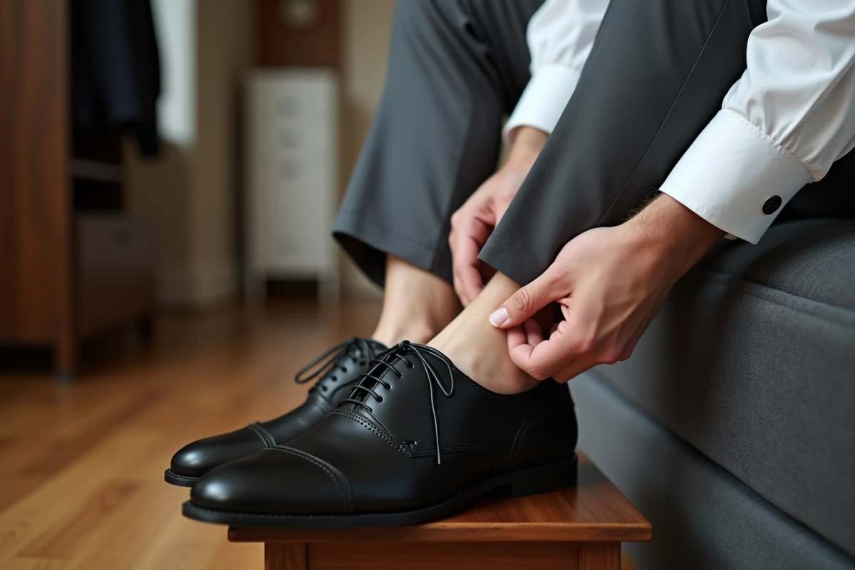 Homme insérant une semelle orthopédique dans une chaussure de ville Oxford noire pour stabiliser son pied
