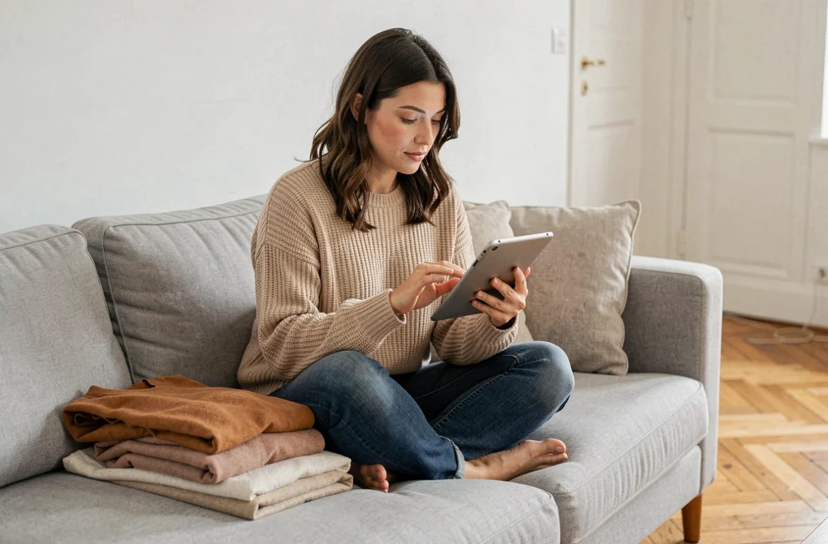 Femme cherchant des alternatives à Zara sur une application de mode en ligne depuis chez elle