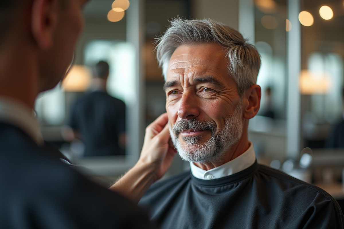 Homme de 60 ans en toilettage professionnel dans un salon moderne