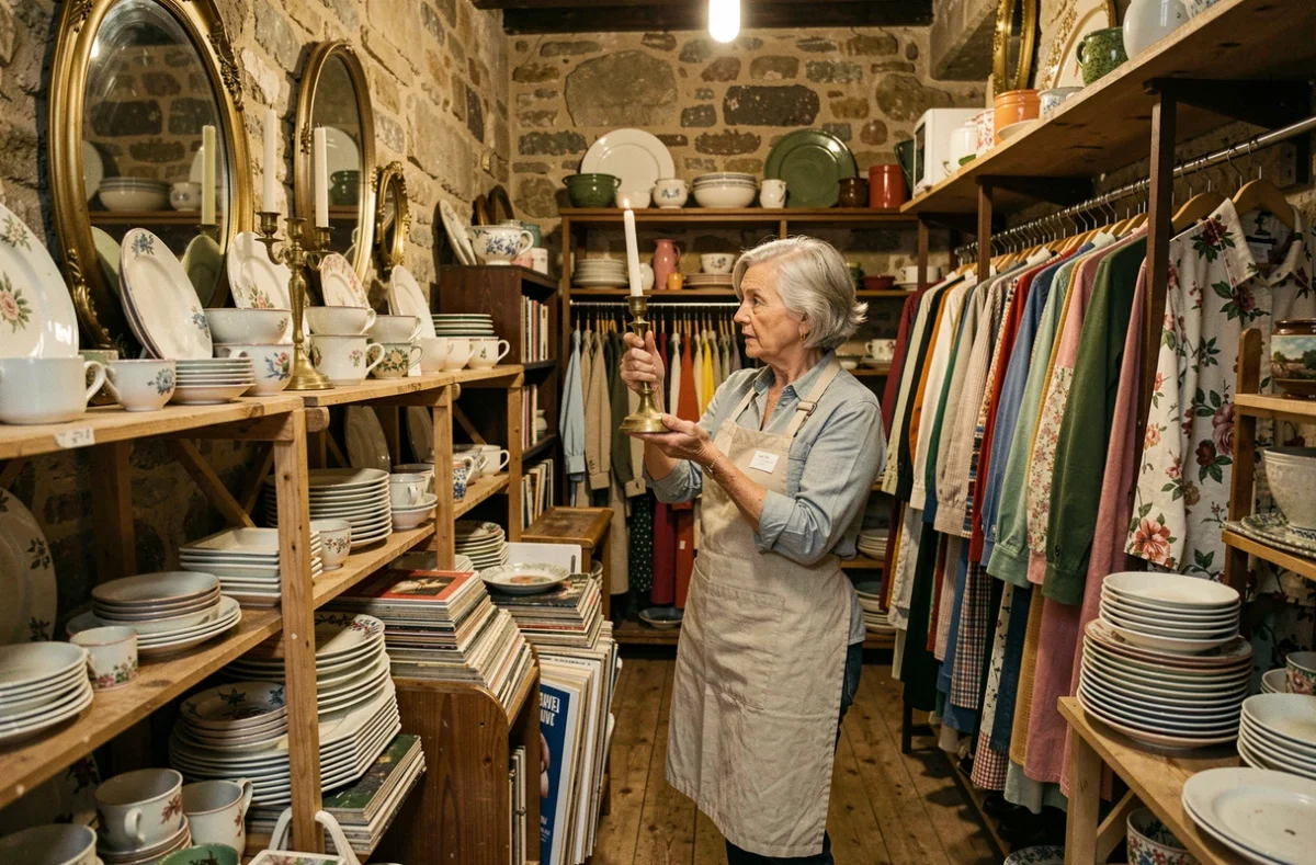 Intérieur d'une friperie-brocante avec des étagères chargées de vêtements vintage, de bibelots et de disques vinyle à Toulouse