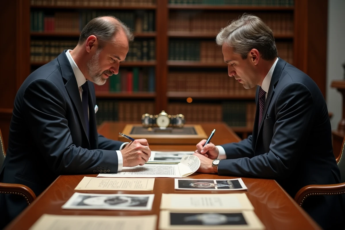 Spécialistes en montres analysant des certificats de provenance et des photographies de montres rares en arrière-salle d'une maison de vente aux enchères