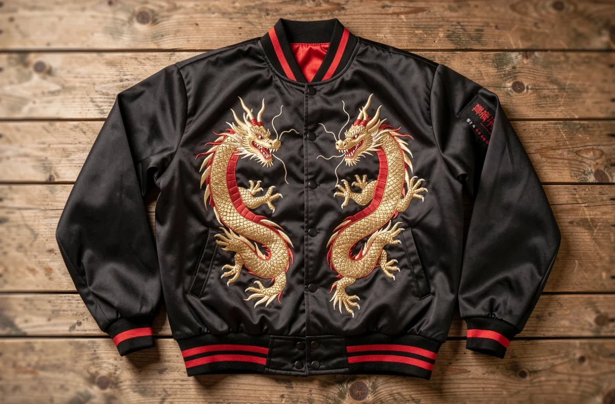 Sukajan japonais brodé avec motif dragon posé à plat sur une surface en bois, vue de dessus