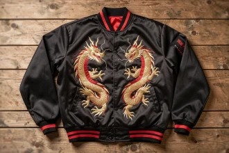 Sukajan japonais brodé avec motif dragon posé à plat sur une surface en bois, vue de dessus