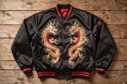 Sukajan japonais brodé avec motif dragon posé à plat sur une surface en bois, vue de dessus