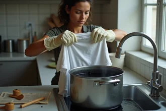 Femme teignant un vêtement en noir dans une casserole sur un plan de travail de cuisine avec des gants en caoutchouc