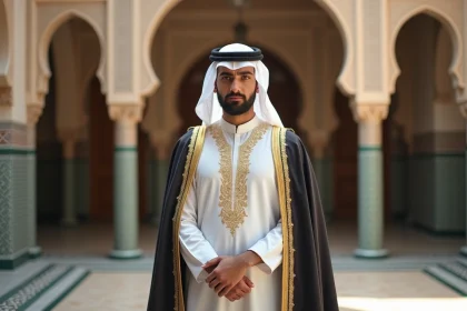 Homme arabe en thobe blanc brodé or avec bisht pour mariage dans un riad marocain