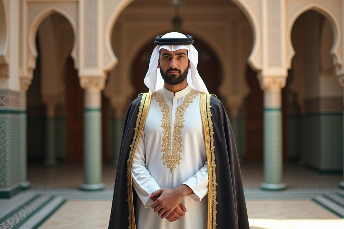 Homme arabe en thobe blanc brodé or avec bisht pour mariage dans un riad marocain