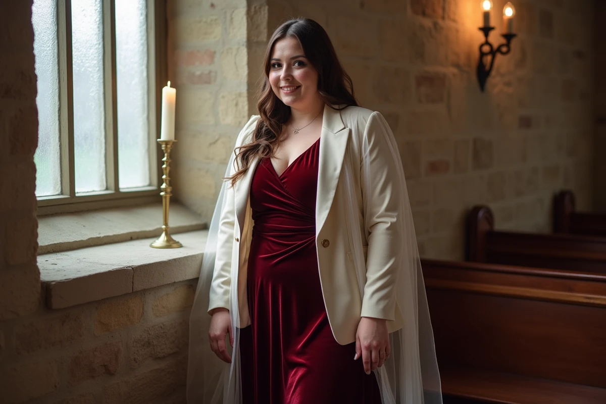 Femme grande taille en robe velours bordeaux et blazer ivoire superposés pour un mariage d'hiver dans une église en pierre