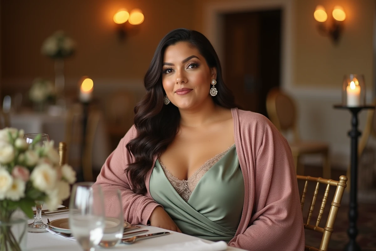 Femme grande taille en robe satin vert sauge superposée d'un kimono en dentelle et d'un cardigan rose pour un mariage hivernal en salle