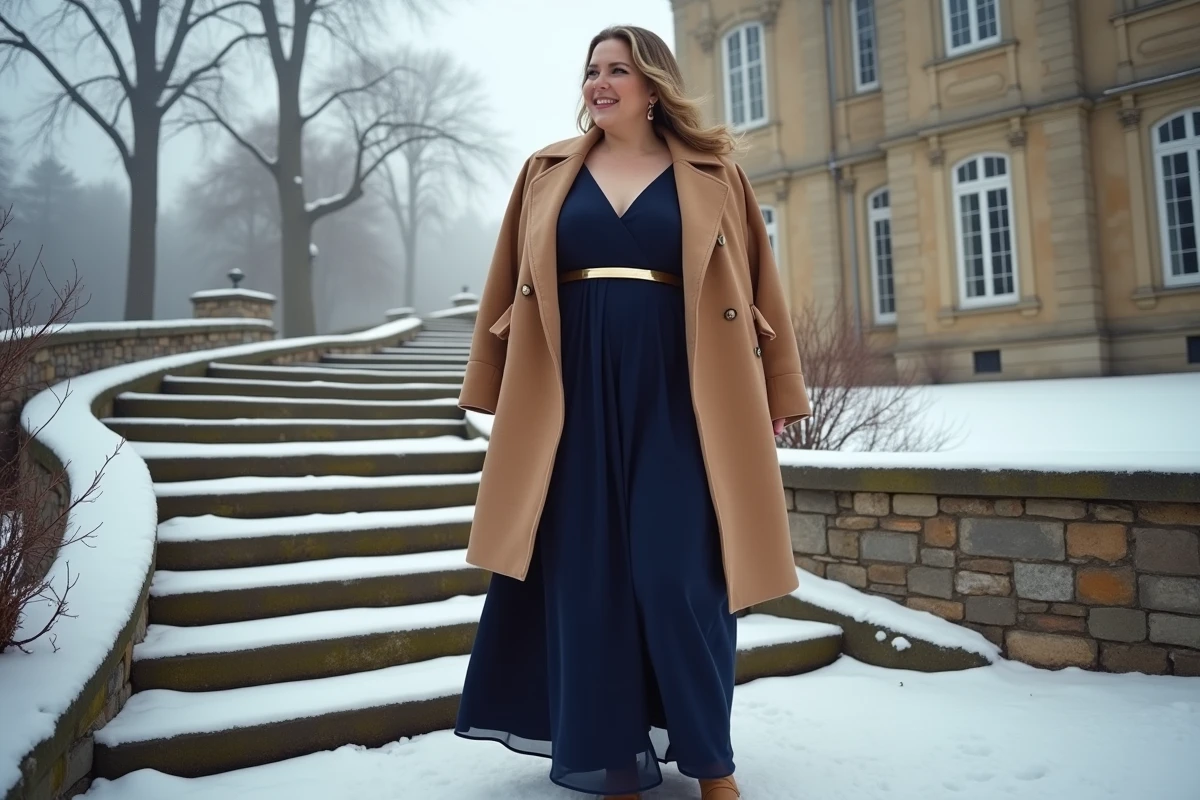 Femme grande taille en robe longue bleu marine et manteau camel superposés sur les marches d'un château en hiver