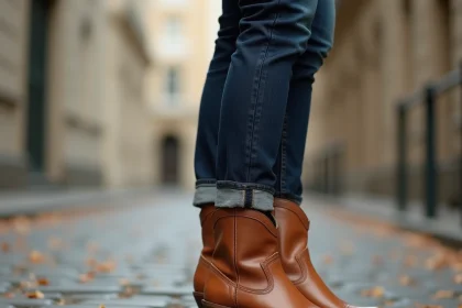 Femme élégante en santiags camel et jean indigo sur un trottoir parisien pavé en automne