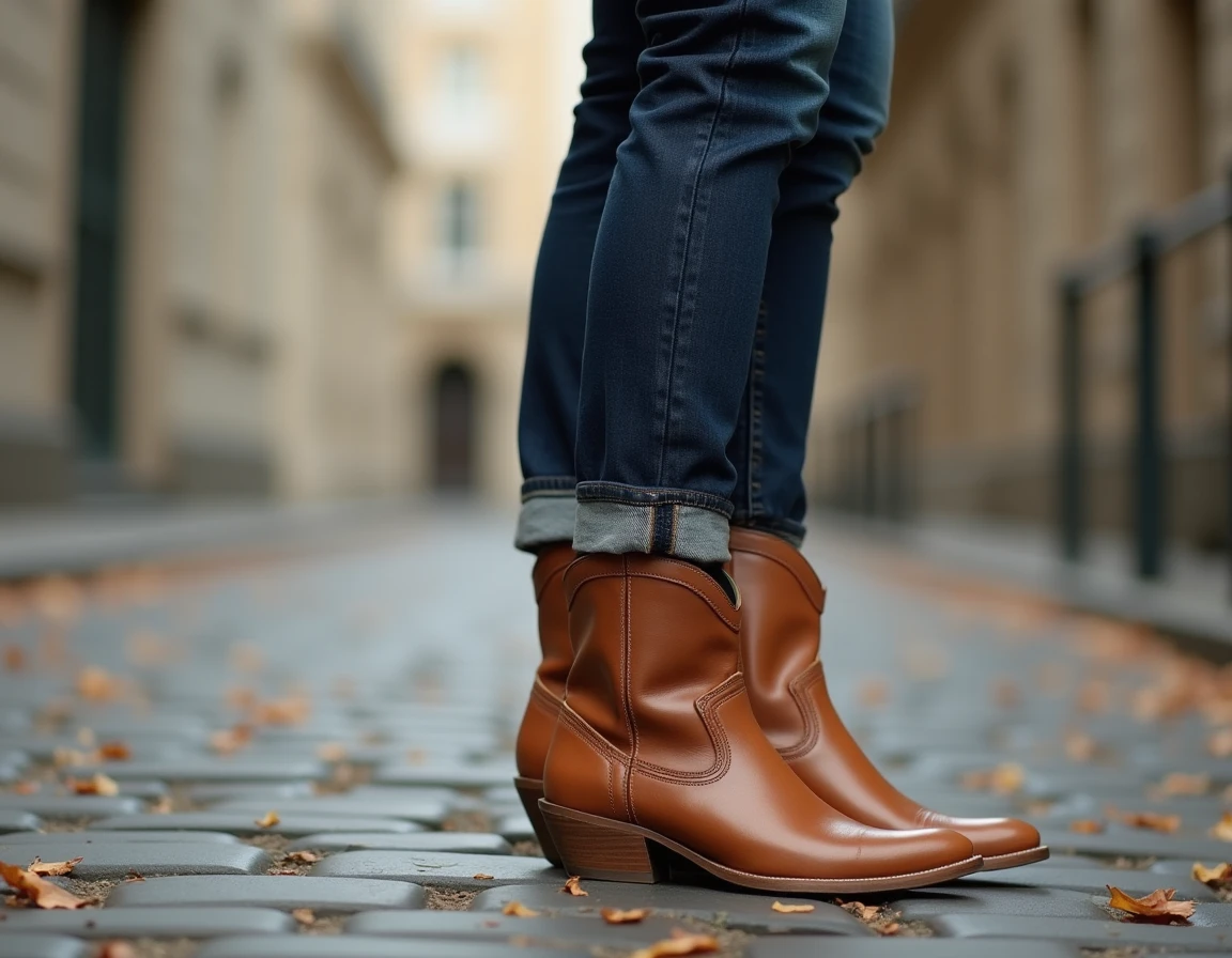 Femme élégante en santiags camel et jean indigo sur un trottoir parisien pavé en automne