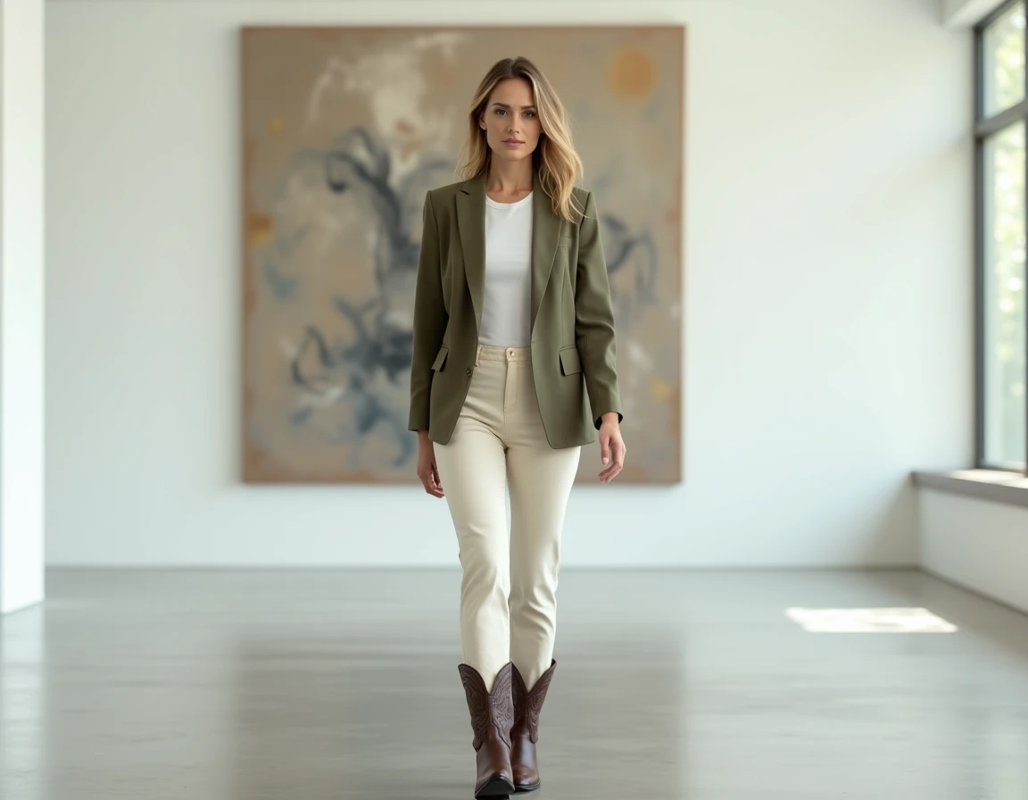 Femme en tailleur crème et santiags marron marchant dans une galerie d'art contemporaine