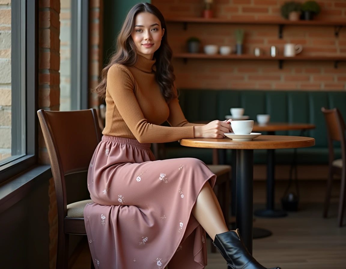 Femme en jupe midi et santiags noires dans un café au décor rustique et chaleureux