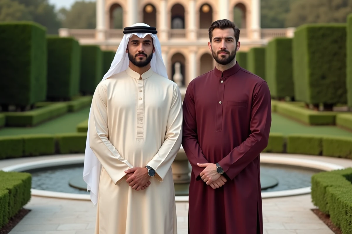 Deux hommes en tenues arabes élégantes kandura et qamis pour une cérémonie de mariage dans un jardin de palais