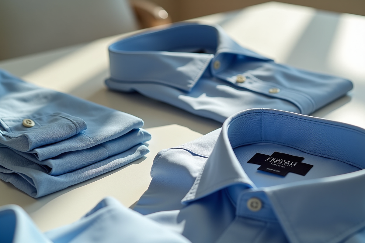 Étiquettes de vêtements Freeman Porter avec tailles sur table en bois blanc