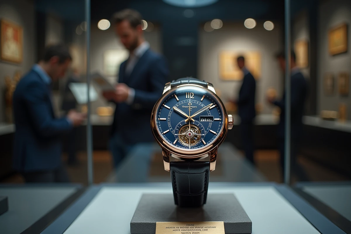 Montre tourbillon suisse exposée dans une vitrine de pré-vente aux enchères avec placard de valeur estimée