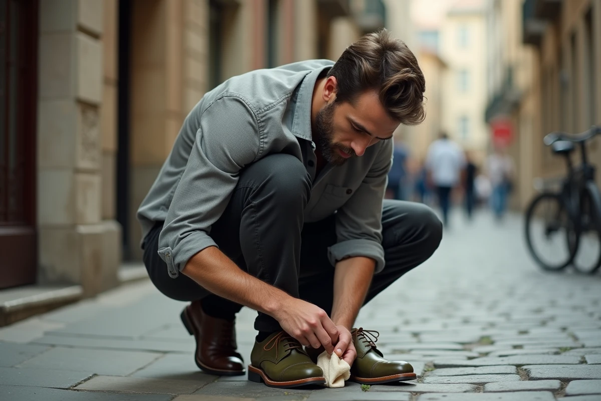 Homme appliquant un baume nourrissant sur des chaussures en cuir gras olive pour traiter le blanchissement, en extérieur sur un trottoir pavé