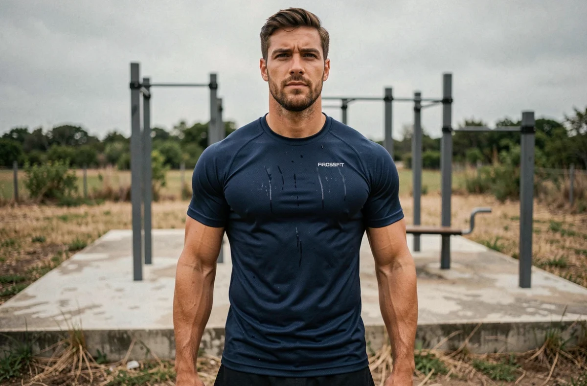 Athlète en t-shirt crossfit bleu marine sans logo posant en extérieur après une séance d'entraînement fonctionnel