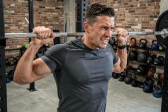 Homme musclé portant un t-shirt crossfit gris sans logo pendant un entraînement en salle de fitness fonctionnelle